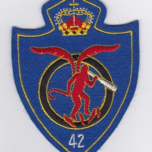 A blue and white patch with a griffin on it.