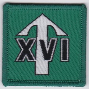 British 16 Lincoln Company 4 Volunteer Battalion DZ Patch XVI Black Edged White on White Long Shaft arrowhead on green rectangle woven overlocked edge