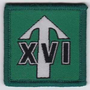 16 Lincoln Company 4 Volunteer Battalion British DZ Patch XVI Black Edged White on White Long Shaft arrowhead on green rectangle woven merrowed edge