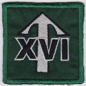 British 16 Lincoln Detachment 12 Yorkshire Parachute Co DZ Patch XVI Black Edged White on White Long Shaft arrowhead on green square embroidered on twill