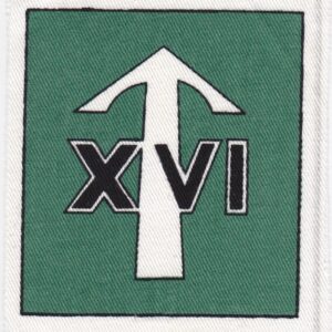 British Airborne 16 Lincoln Independent Parachute Company Patch XVI Black Edged White on White Long Shaft arrowhead on green rectangle printed on white twill