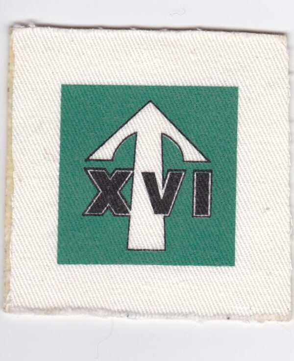 16 Volunteer Independent Parachute Company DZ Patch British British Airborne 16 Lincoln Independent Parachute Company Patch XVI Black Edged White on White Long Shaft arrowhead on green square printed on white twill