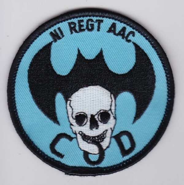 A blue patch with a skull and a bat on it.