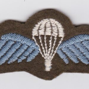 A blue and white parachute embroidered on a brown background.