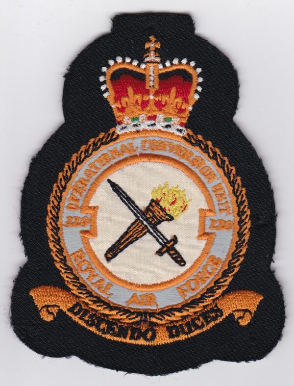 A RAF Patch 229 OCU Operational Conversion Unit Flight Crest Tornado F2 F3 with a sword on it.