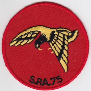 A red patch with the word sra 75 on it.