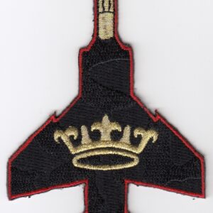 A black and gold embroidered patch with a crown on it.