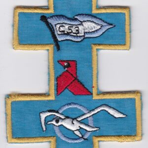 A blue patch with a cross and a bird on it.