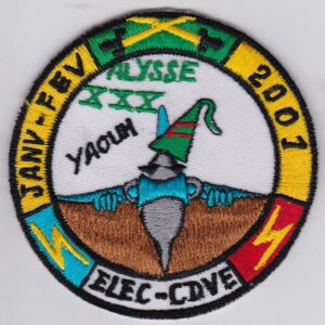 A patch with an image of a plane with a hat on it.