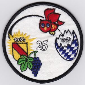 An embroidered patch with an owl and grapes.