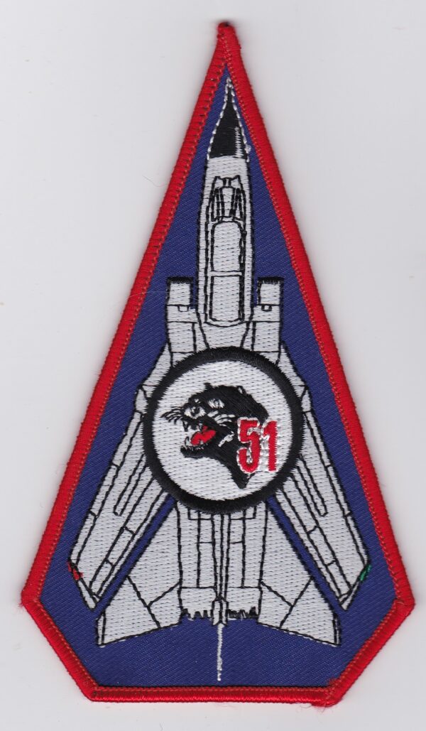 A triangle shaped patch with an image of a fighter jet.