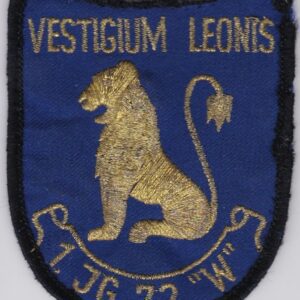 A blue patch with a gold lion on it.