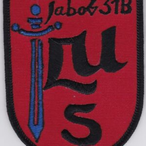 A red and blue patch with a sword on it.