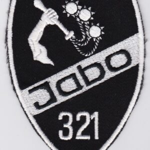 A black and white patch with the words jabo 321 on it.