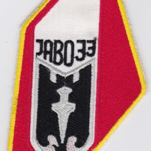 A red and white patch with the word eoba on it.