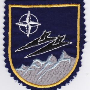 A badge with two planes and a mountain on it.