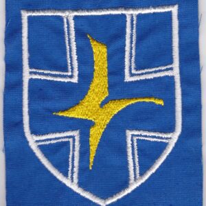 A blue and yellow patch with a yellow cross on it.