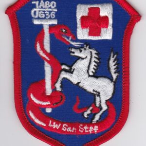 A red cross badge with a snake on it.