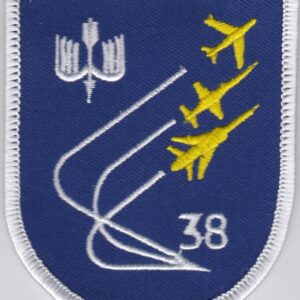 A blue and white patch with the number 38 on it.