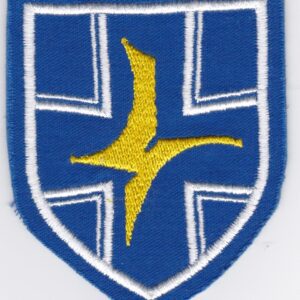 A blue and yellow embroidered badge with a cross on it.