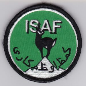 A green patch with the words isaf on it.