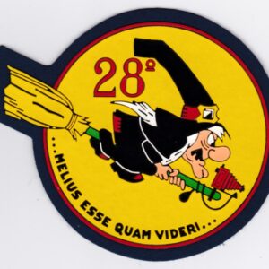 A sticker with an image of a witch flying on a broom.