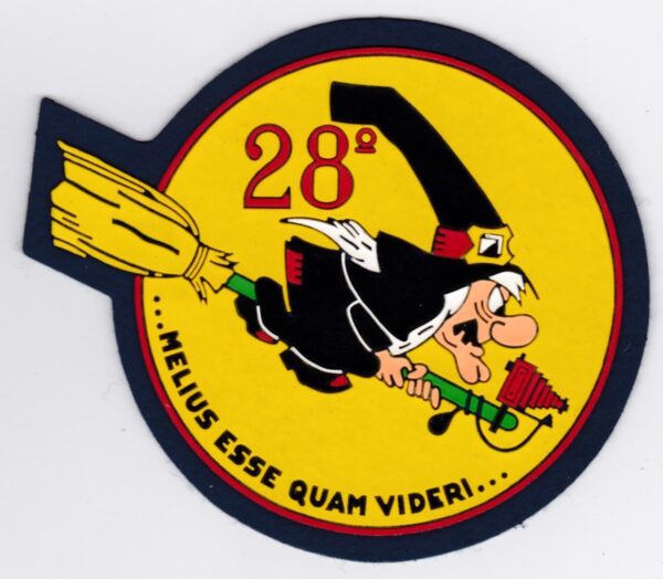 A sticker with an image of a witch flying on a broom.