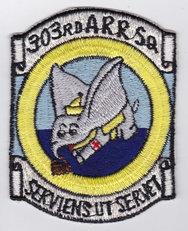 A patch with the image of an elephant flying in the air.