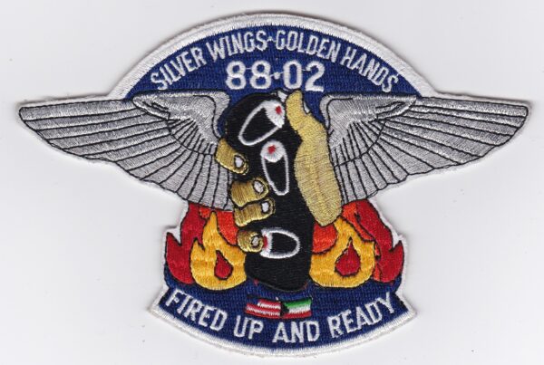 A patch with the words super wings golden eagles 8502 fired up and ready.