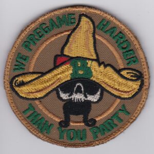 A patch with a skull and a sombrero on it.