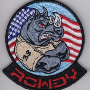 A patch with an image of a rhino wearing an american flag.