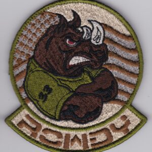 A patch with an image of a rhino on it.