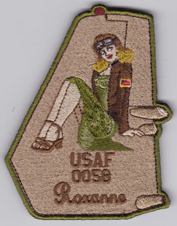 A patch with a woman in a dress on it.