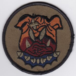 A patch with an image of a bulldog on it.