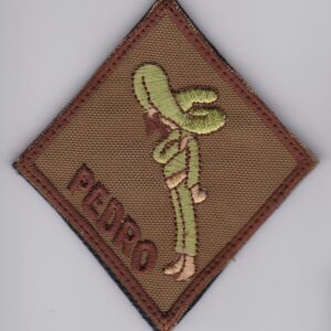 A brown patch with the word pedro on it.