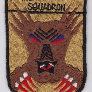 USAF 7 Tactical Fighter Squadron FTS Patch USAFE F 105 Thud Japanese hand machine embroidered depicting a mainly brown Bunyip an aboriginal death demon mask on a gold shield with the words 7th Tac Fighter Squadron above