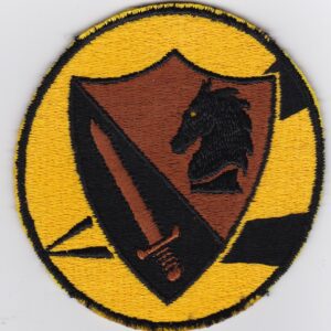 A black and yellow patch with a horse and sword on it.